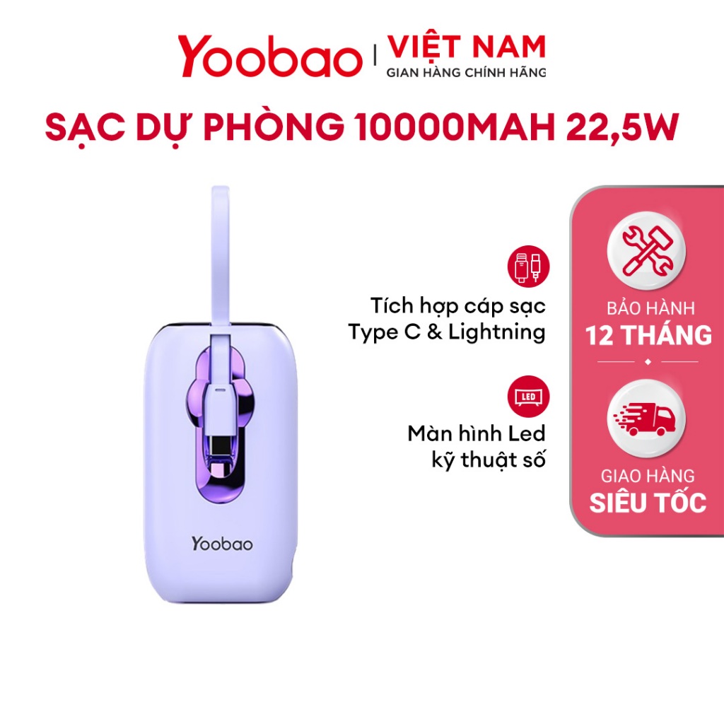 Sạc dự phòng Yoobao LK11 10000mAh 22,5W | Màn hình LED | Tích hợp cáp sạc Type C & Lightning | Bảo hành 12 tháng | BigBuy360 - bigbuy360.vn