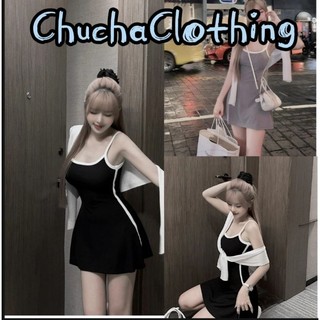 Váy hai dây nữ dáng ngắn phối viền trắng cực xinh kèm khăn đầm hợp thời trang - Chuchaclothing