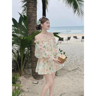 Đầm xòe voan hoa trễ vai tay phồng phối bèo có lót 45839