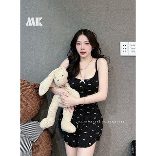 Sét bộ áo 2 dây phối quần đùi in họa tiết nơ toàn bộ cực hot