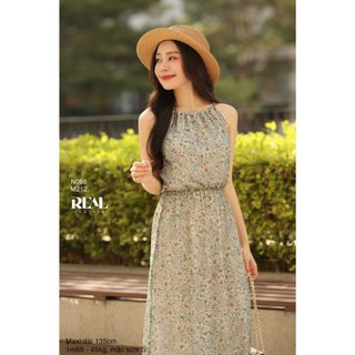 Đầm mùa hè maxi yếm hoa xanh_real