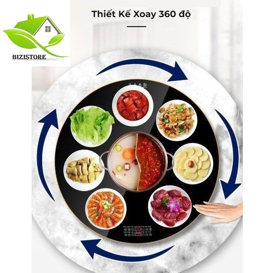Mâm điện xoay 360 độ đa năng có bếp lẩu ở giữa, mâm xoay điện tử tròn hâm nóng thức ăn 3 sz 60-68-80