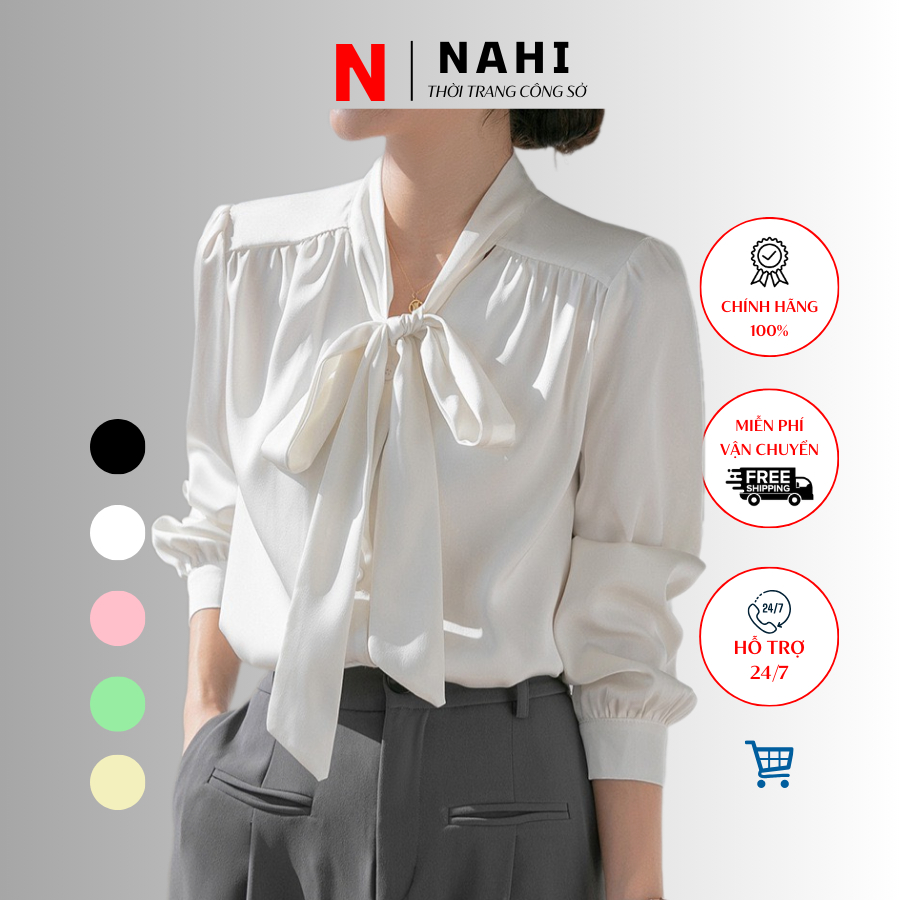 Áo sơ mi cổ nơ tay bồng Nahi.VN chất vải lụa mát phong cách thời trang công sở trẻ trung A13