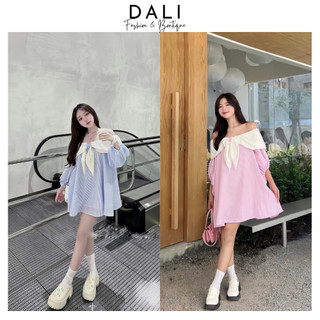 Áo Váy Babydoll Trễ Vai Phối Nơ Tay Bồng Dáng Xoè Kẻ Sọc Chất Liệu Thô Mềm Tiểu Thư