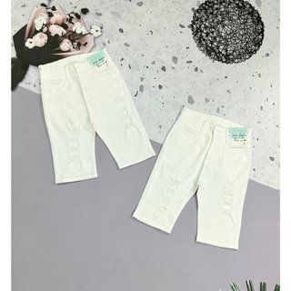 Quần jean nữ lửng gối mẫu rách màu trắng lưng cao 2 nút vải co giãn mạnh