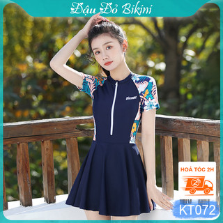 Đồ bơi liền thân quần váy nữ, khóa kéo trước phong cách thể thao, áo có sẵn đệm ngực, chất thun bơi dầy mát lạnh | KT072