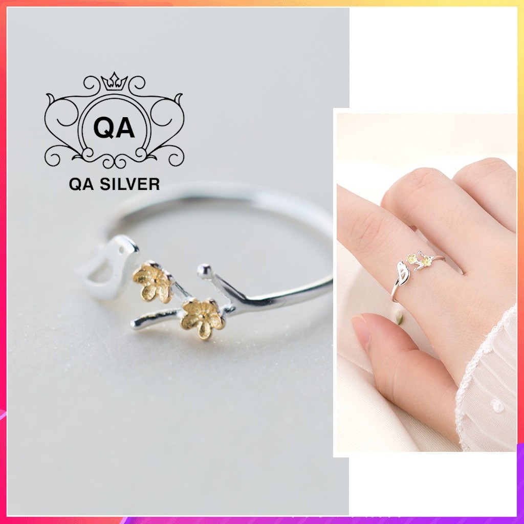 Nhẫn bạc 925 hoạ mi cành hoa mai nữ S925 BIRD QA SILVER Silver Ring RI240402