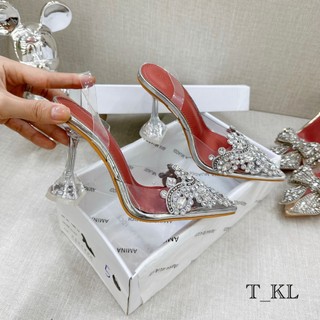Giày cao gót mũi nhọn đính đá gót loe 9cm fullbox - cerihouse