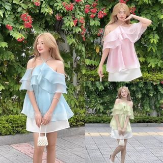 Set áo + chân váy cổ yếm tơ mềm mại kiểu bánh bèo Kèm chân váy tafta chữ A tiểu thư