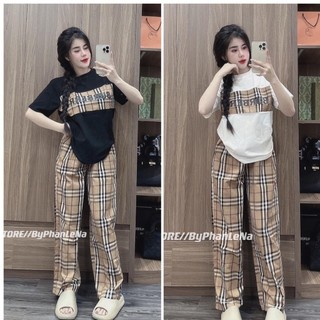 Sét áo thun tay kẻ phối chữ BBR giữa + quần kẻ dài