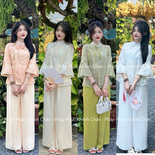Set áo tơ thêu hoa quỳnh 2 lớp, set pháp phục đi chùa, bộ lam đi chùa