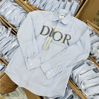 Áo sơ mi DIO'R Nam Màu Xanh Thêu Chữ Vạt Bản LA Vải Cotton Chống Nhăn Mềm Mịn