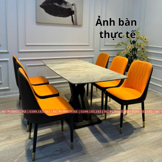 Bộ bàn ăn cơm mặt đá ceramic xám đá, chân x cong phủ sơn đen tĩnh điện, ghế monet không tay nhập khẩu nc furniture