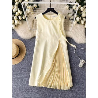 Đầm thô suông vàng xếp ly vạt cổ tròn babydoll- ORD