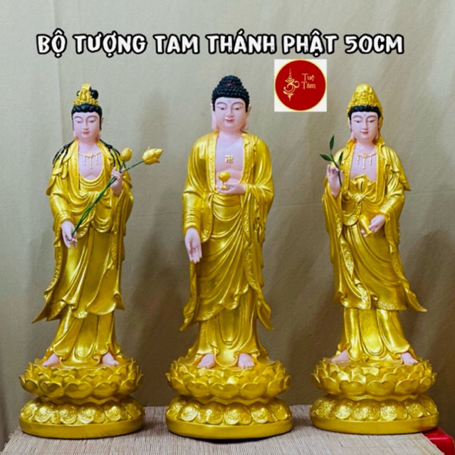 Bộ Tượng Tây Phương Tam Thánh Phật Di Đà, Bồ Tát Quan Âm và Thế Chí, Đứng Cao 50cm, Màu vàng - Tuệ T