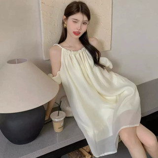 Đầm suông đũi tơ cổ yếm ngọc trai tay trễ vai 2 lớp QC Lumii