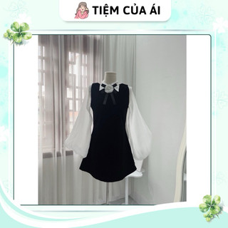 Đầm nhung đen cổ bẻ phối nơ hoa hồng tay dài phồng nhẹ