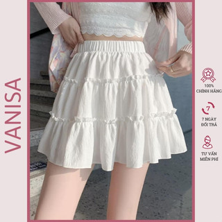 Chân váy xoè ngắn xếp ly ren tầng tennis nơ đen hồng trắng có quần trong chất đũi xốp VANISA CV024