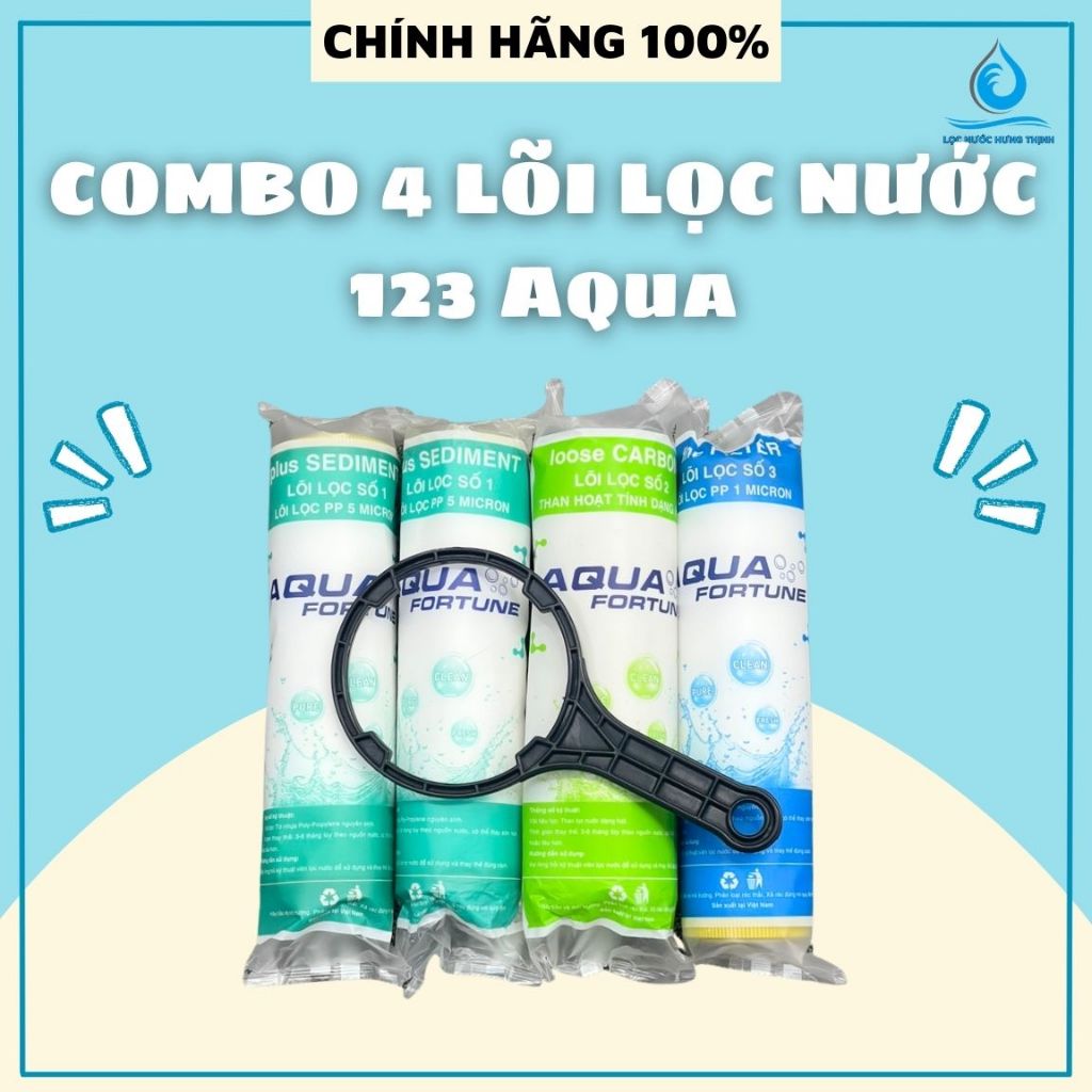 Lõi lọc nước-Combo 4 lõi lọc nước 123 Aqua -Gồm 2 lõi số 1, 1 lõi số 2 và 1 lõi số 3+ Tặng kèm tay v