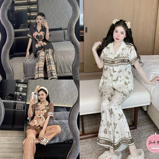 Bộ Pijama Tay Cộc Quần Dài Lụa Xước Cao Cấp/Bộ Mặc nhà lụa xước tay cộc
