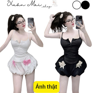 Set 2 món áo 2 dây cài nút vạt bầu phối quần bí phồng giả váy đính nơ hai màu trắng đen xuanmaishop12