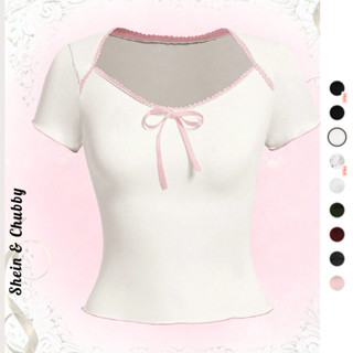 [Bigsize 45-75kg / Order] Áo thun cổ tròn tay ngắn viền màu đính nơ form dài đơn giản dễ thương coquette