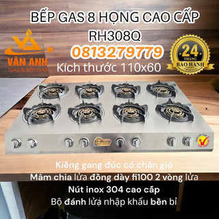 Bếp gas 8 lò bếp công nghiệp cao cấp inox đầu đốt đồng rh308q