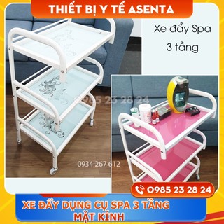 Xe đẩy dụng cụ spa 3 tầng mặt kính cường lực, Kệ Spa 3 tầng