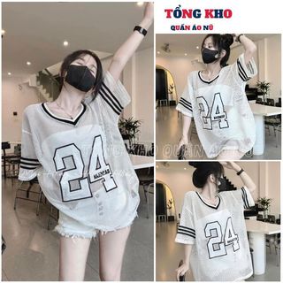Áo phông lưới thể thao số 24 cổ viền tim trẻ trung, Áo lưới vạch tay hàng hottrend hè 2024 - TONGKHO