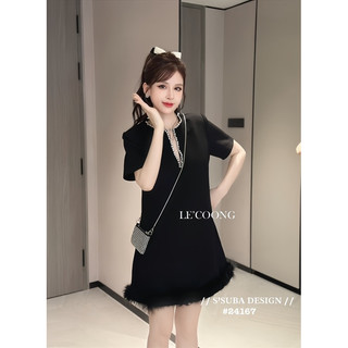 Váy suông cổ V viền đá phối chân lông