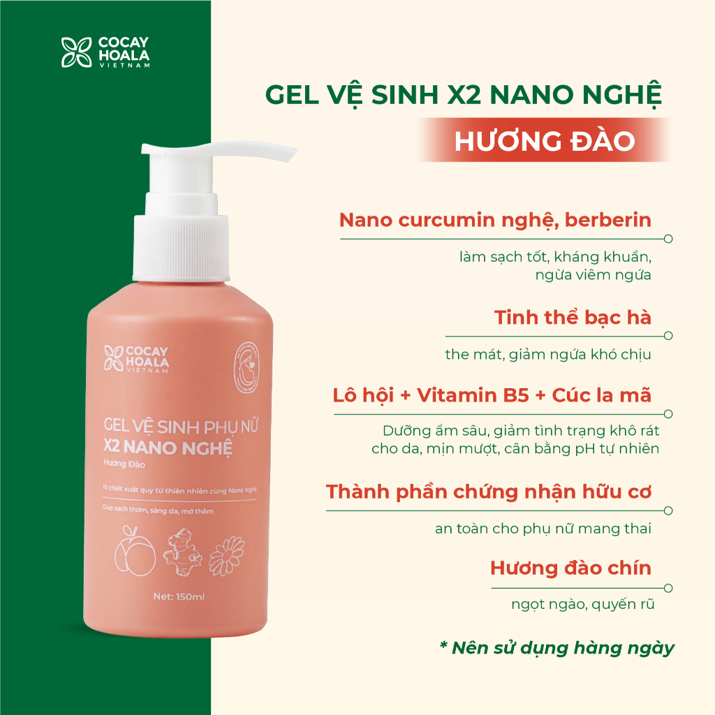 Dung dịch vệ sinh phụ nữ Gel x2 nano nghệ hữu cơ đào chín Cỏ Cây Hoa Lá, lưu hương, dưỡng ẩm,hồng mịn, se khít, 150ml