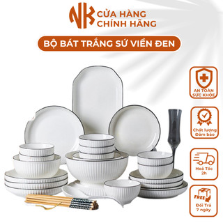 Bộ Bát Đĩa Trắng Sứ Viền Đen Sang Trọng  21 Món,Tổng Kho Gia Dụng -NK