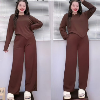 Bộ đồ bigsize nữ áo thun tay dài vạt chéo kèm quần ống rộng hách dáng chất vải nỉ gân co giãn- SET74