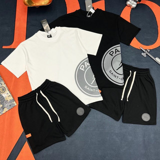 Bộ quần áo cộc thể thao, bộ paris nam PSG in hoạ tiết tròn cạnh sườn chữ Paris đùi thêu logo cao su ,Chất Liệu Cotton