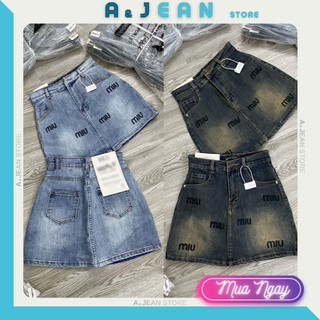Chân váy jean ngắn giãn thêu chữ miu, chân váy bò chữ a lót quần | a&jean store