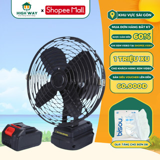 Quạt Tích Điện HIGHWAY Đế Pin Makita 18v Phổ Thông Kích Thước 8inch, Chất Liệu Thép Sơn Tích Điện Kèm 2 Pin, Tiện Lợi