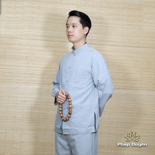 Bộ Quần Áo Đi Chùa Phật Tử Nam Dài Tay, Pháp Phục Vải Linen Nút Nhựa, Màu Trắng, Xám, Nâu, Nâu Đen