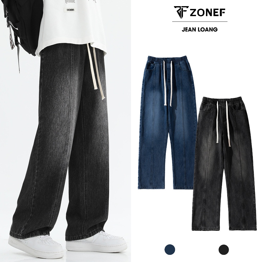 Quần Jean Nam Ống Rộng Wash 2 Màu Loang Bản Đặc Biệt, Quần Jean Cạp Chun Phối Dây Rút Trẻ Trung By Z
