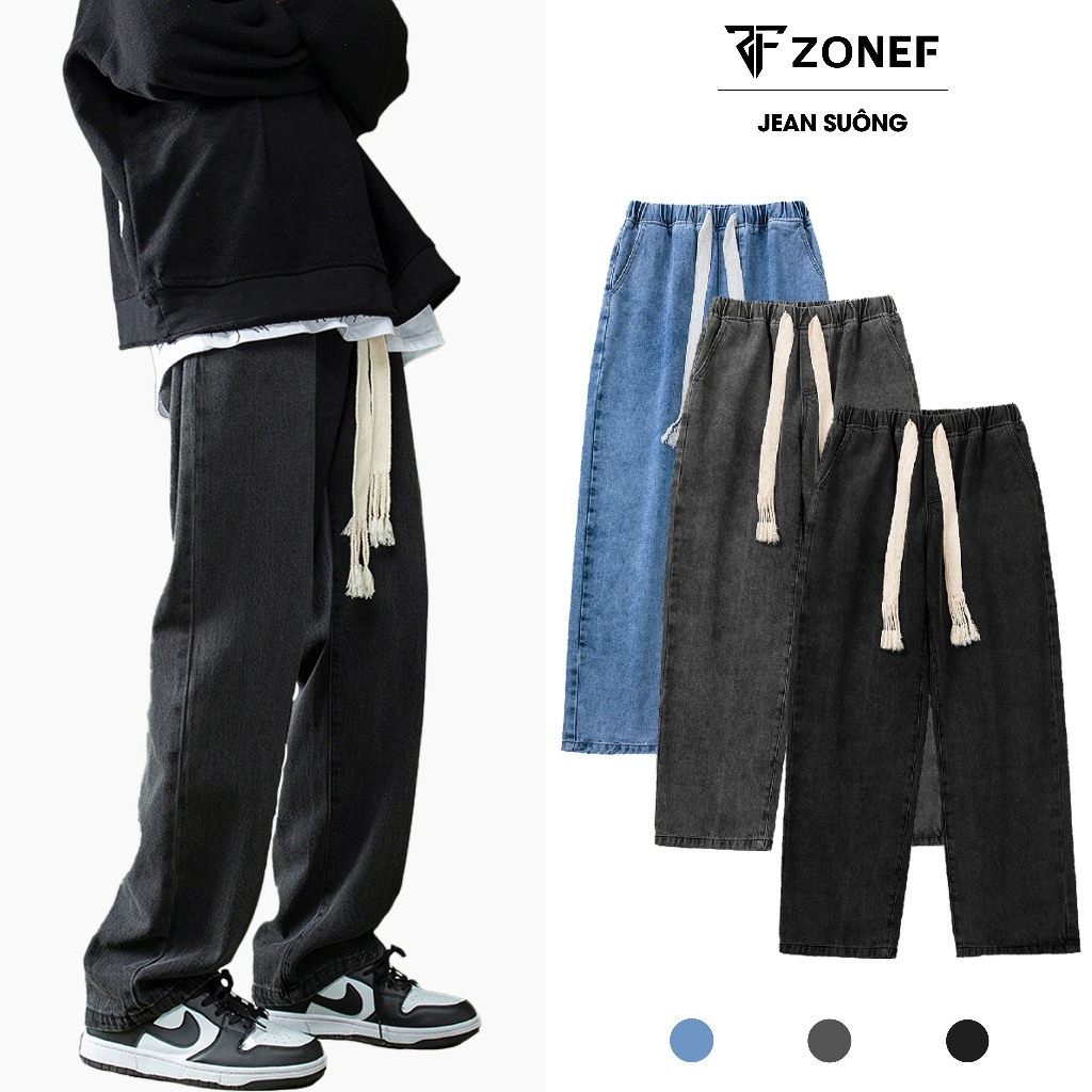 Quần Jean Nam Suông Ống Rộng by ZONEF OFFICIAL, Quần Đai Chun, Dây Rút Bản To Phong Cách Hàn Quốc - 