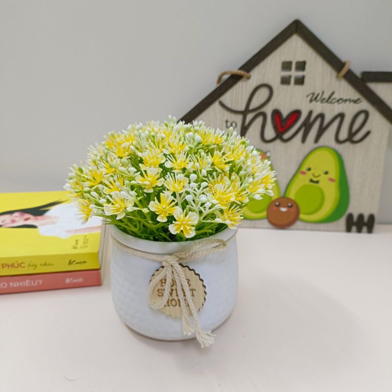 Chậu hoa bi mini để bàn trang trí cắm sẵn 18-20cm - Bình hoa nhỏ để bàn làm việc, bàn trà - Hoa lụa