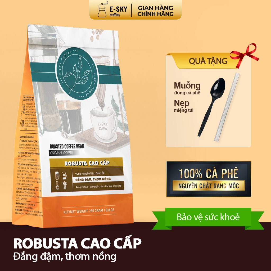 Cà Phê Robusta E-sky Coffee Cafe Nguyên Chất Pha Phin Pha Máy Cold Brew 250g