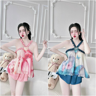 Đồ ngủ nữ sexy bộ lụa mặc nhà yếm ngủ lụa thiết kế dễ thương.