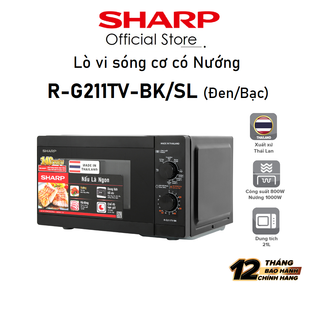Lò Vi Sóng Cơ Có Nướng Sharp R-G211TV-SL/BK 21 Lít Công Suất 800W, 3 Chức năng - Bảo hành 12 tháng