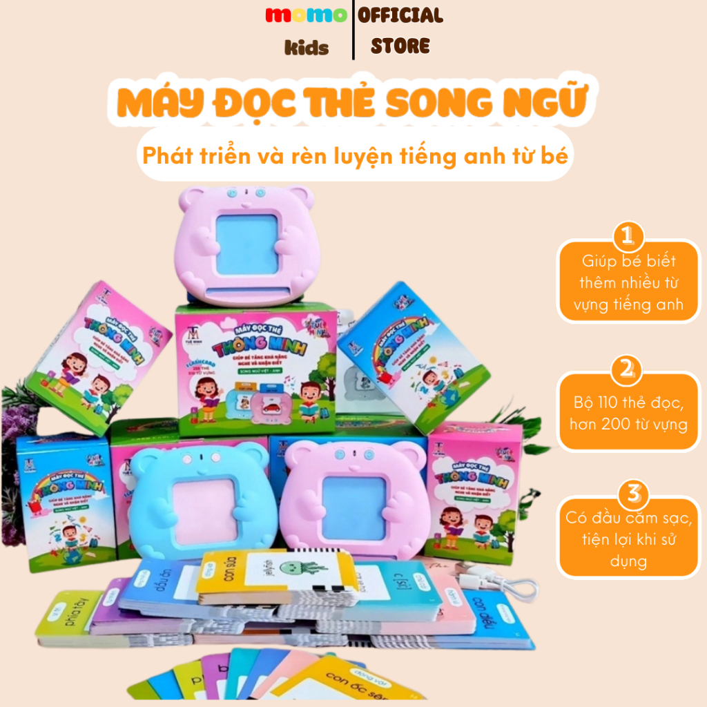 Máy đọc thẻ Song Ngữ flashcard 112 thẻ 224 từ vựng tiếng anh sạc cổng USB không sóng điện từ