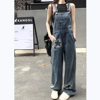Quần yếm denim dáng dài họa tiết sao nhỏ cho nữ phong cách Hàn Quốc mới quần ống suông