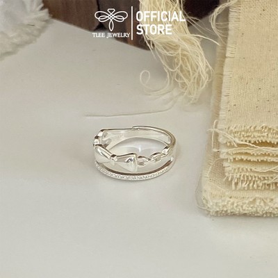 Nhẫn bạc nữ TLEE, nhẫn nơ viền xích hai tầng trơn basic freesize TLEE JEWELRY
