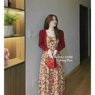 Đầm thời trang nữ dẽ thương cuti chất lụa áo hai dây phối nơ dây xinh kèm áo khoác gân vấy dáng xoè dài maxi MẶC ĐI CHƠI