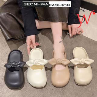 Giày sục nữ mules SEONHWA mũi tròn đế dày mùa hè, dép nữ phong cách múa ba lê G2412