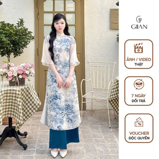 Áo dài cách tân nữ Giian thiết kế 4 tà dáng suông cổ tròn phối tay tơ 2 lớp bồng bềnh in họa tiết 3D cao cấp - AD0837