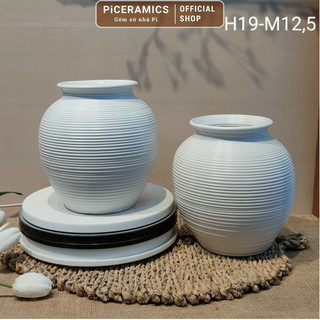 Bình hoa gốm Bát Tràng kiểu dáng vò, vân ganh ngang, cao 19cm, màu men mộc